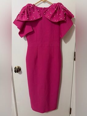 Hot Pink Pearl Bow Shoulder Midi Dress Statement Cocktail Occasion Dress